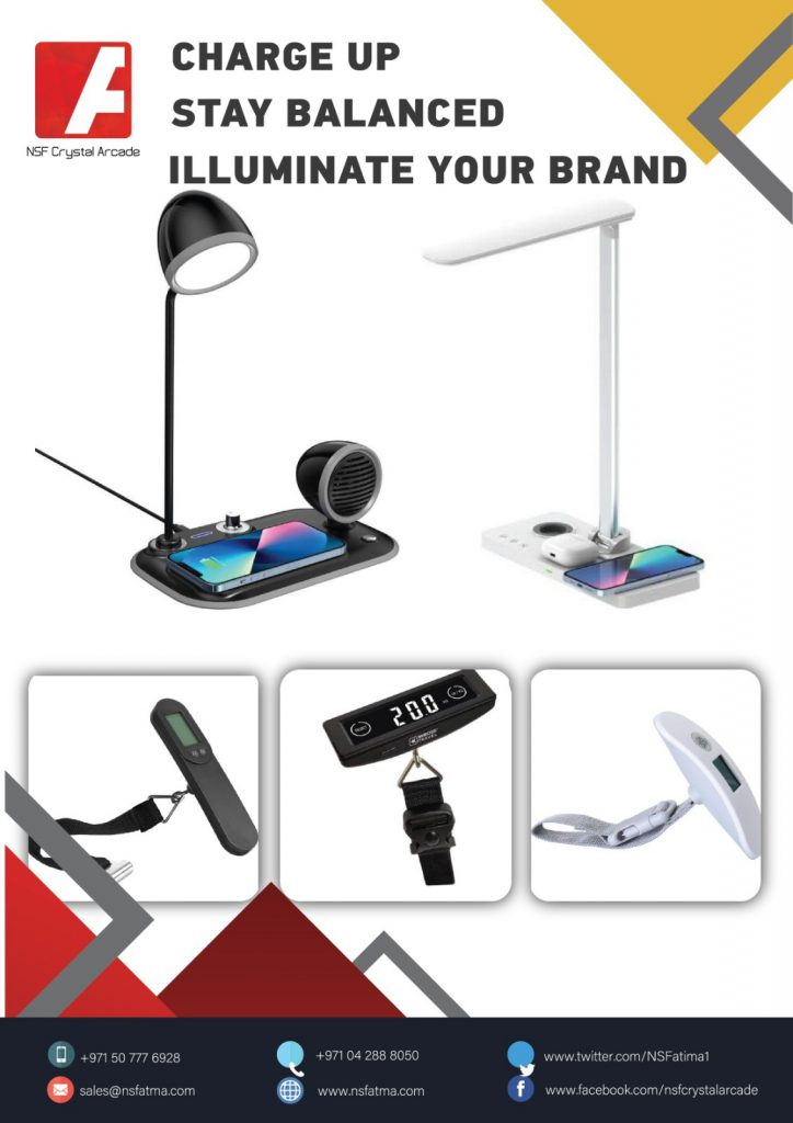  Custom branded promotional items, including Wireless Charger Lamp and Digital Luggage Scale.