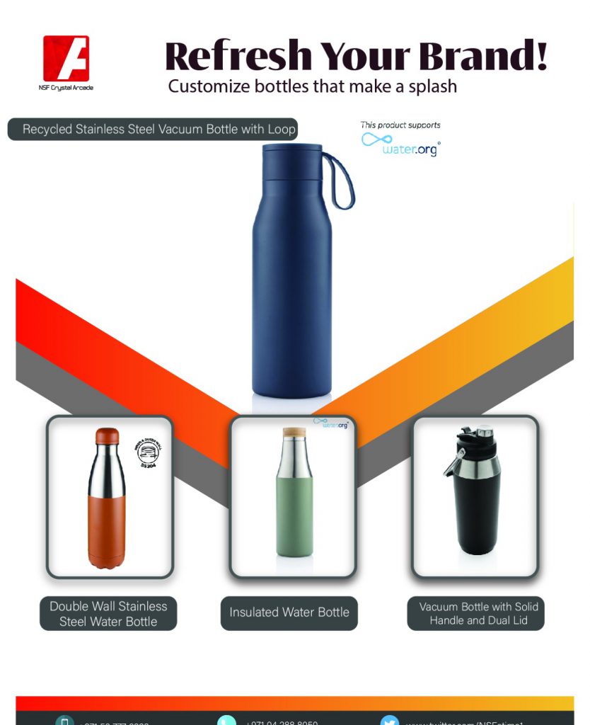 Custom-branded promotional bottles in various colors.