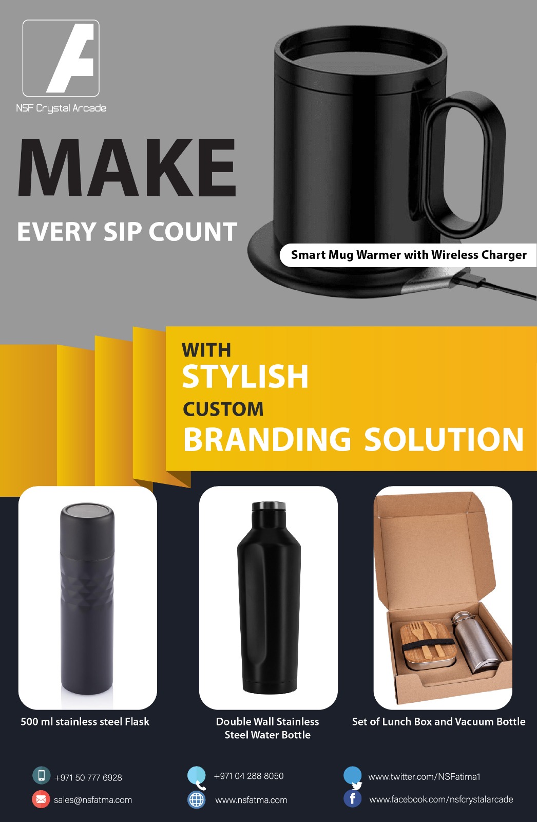 Custom branded promotional items, including pens, bottles, notebooks, and mugs.