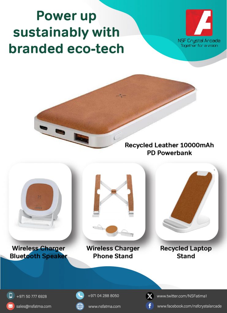 A collection of eco-friendly tech accessories, including a power bank made from recycled materials, a bamboo phone stand, and a biodegradable Bluetooth speaker. The power bank features a sleek design and USB port for sustainable charging, the phone stand offers a stylish and sturdy holder crafted from bamboo, and the Bluetooth speaker delivers high-quality sound while being made from biodegradable materials to minimize environmental impact.