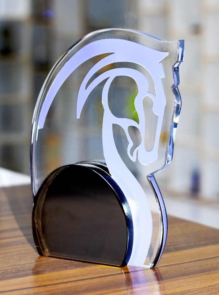 An elegant 2D crystal award featuring a polished surface with intricate engravings and a geometric design, reflecting light beautifully. The award stands on a sleek base, highlighting its artistic craftsmanship.