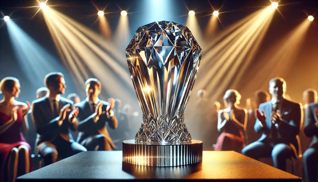 A photographic depiction of an elegant crystal trophy, designed with intricate facets and a sleek, modern base, reflecting light brilliantly. The focu
