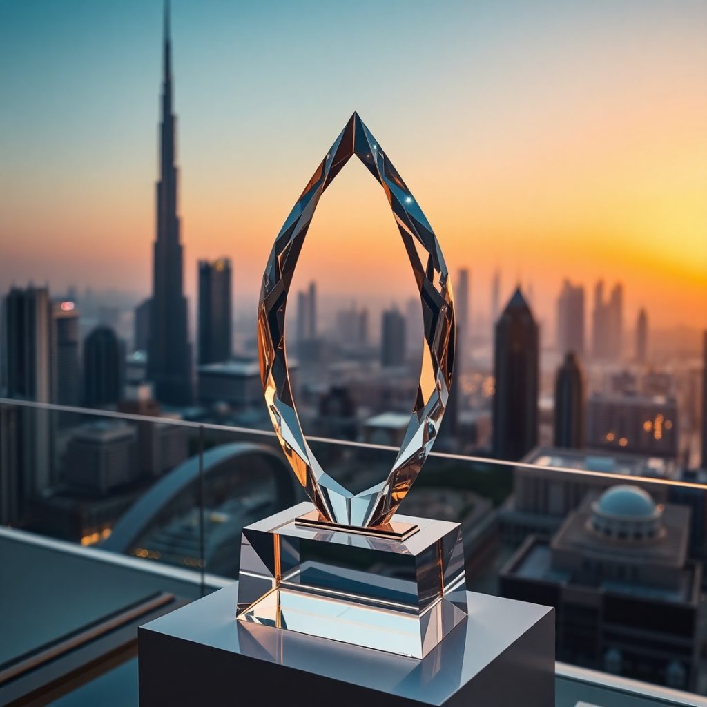 Crystal Award outside with the view of burj khalifa dubai