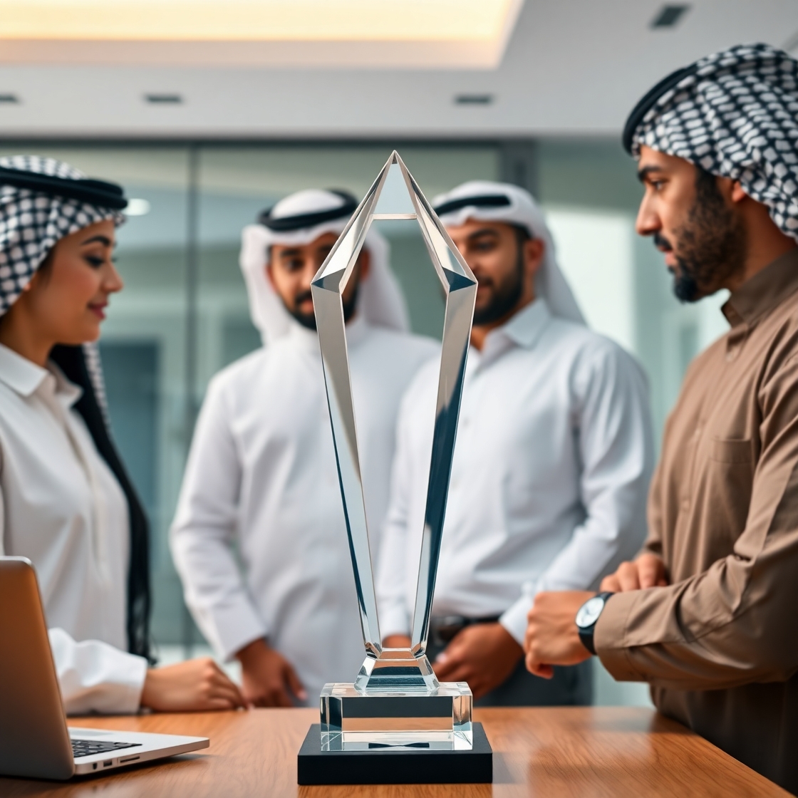 Group of people talking for a recognition with a crystal award upfront